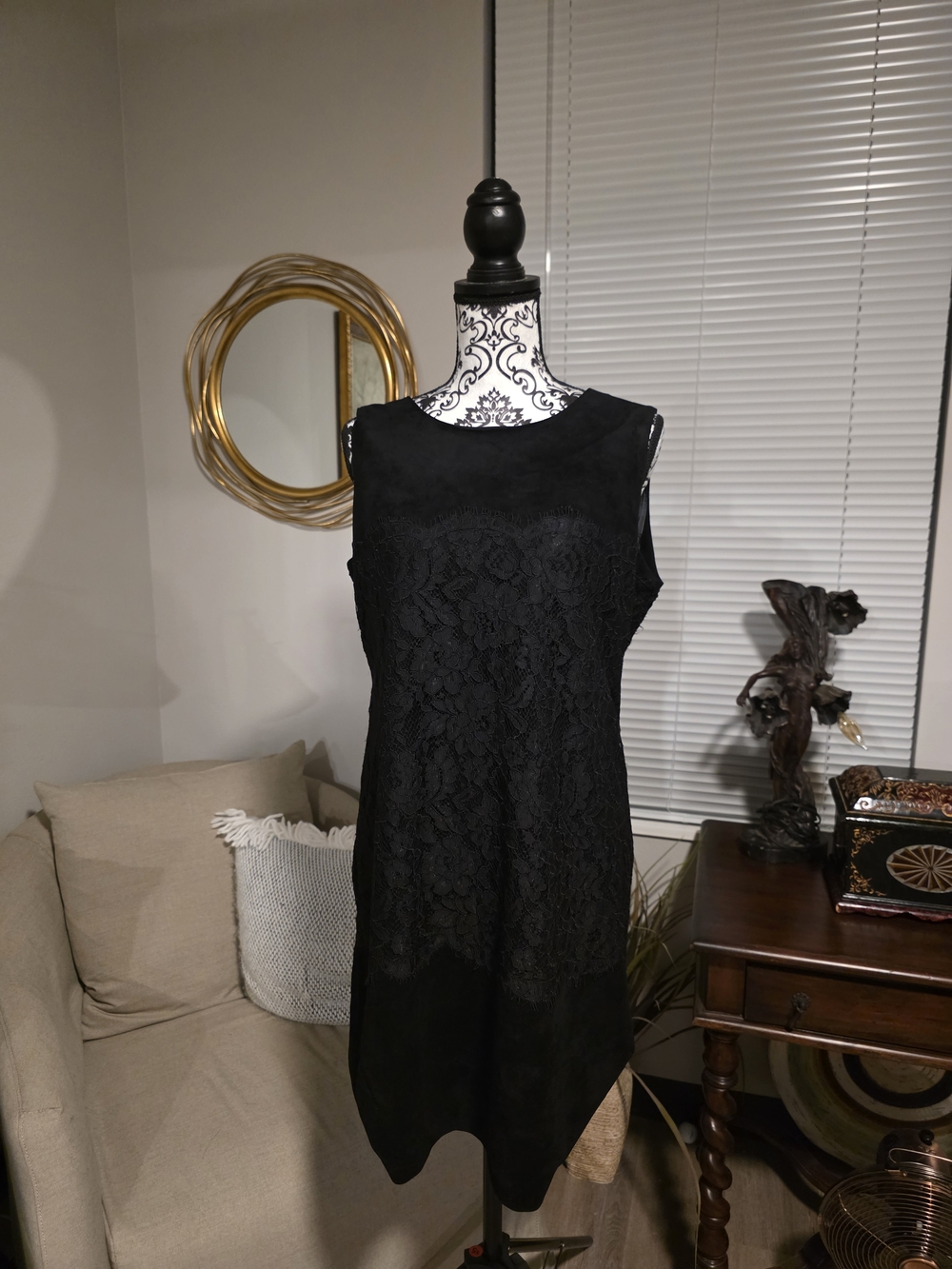 Calvin Klein Black Suede & Lace Sleeveless Midi Dress